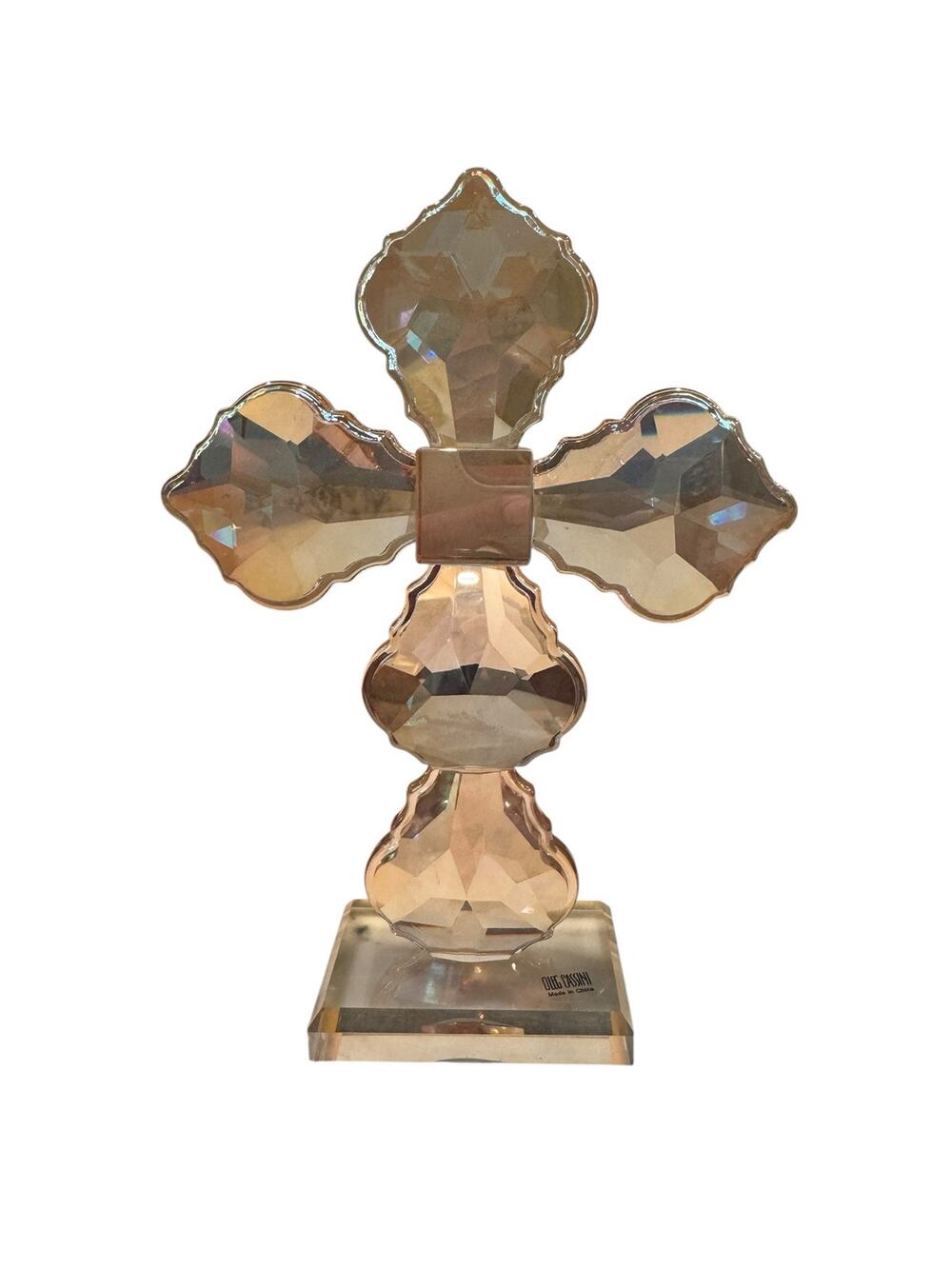 Oleg Cassini Fleur de Lis Style Amber Crystal Glass Cross Figurine Paperweight